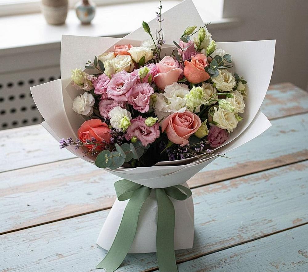 Букет цветов из: Розы, Лизиантусы и Гвоздики в Павловичи